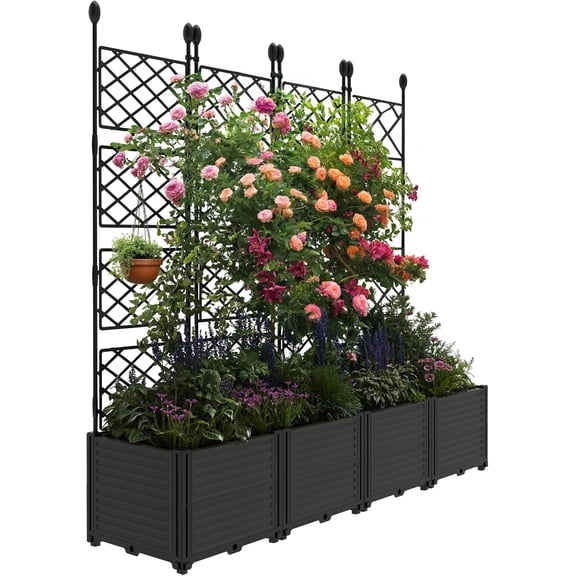 ChaoLink 4Pcs Plastic Plant Box with Metal Trellis, Raised Garden Bed with Trellis Planter for Climbing Plant Outdoor Raised Planter Box Privacy Screen