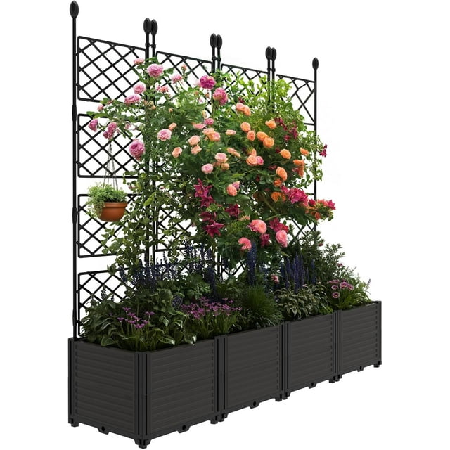 Alician 4Pcs Plastic Plant Box with Metal Trellis, Raised Garden Bed with Trellis Planter for Climbing Plant Outdoor Raised Planter Box Privacy Screen