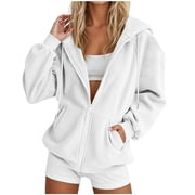 NMMUED Sweatshirts for Women Zip Up Casual Long Sleeve Hoodies Basic Classic Jackets with Pockets Drawstring Loose Fit Fall Fashion Trendy Clothes Everyday Wear White S