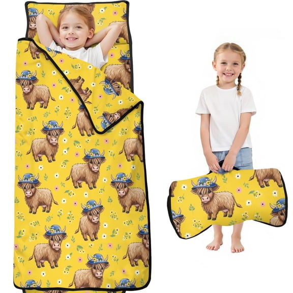 Highland Cow and Hat Print Teens Toddler Nap Mat with Pillow, Sleeping Mat Bag for Preschool Daycare 59"x22"