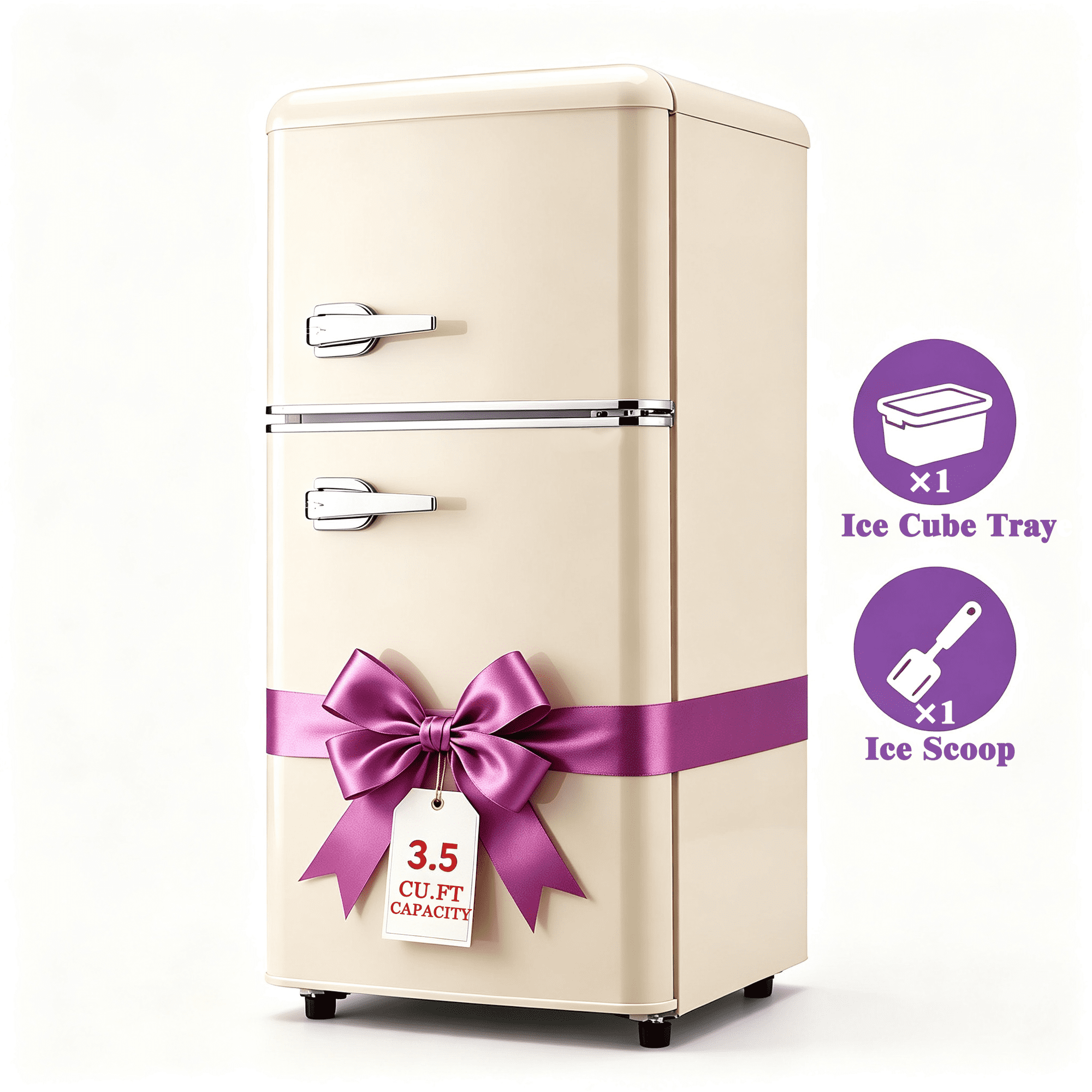 Mini cream Fridge With Freezer, 3.5 Cu.Ft Compact 2‑Door Refrigerator, 7‑Level Adjustable Thermostat, Removable Glass Shelves, LED Interior Light for Bedroom, Office, Kitchen, Apartment, Dorm