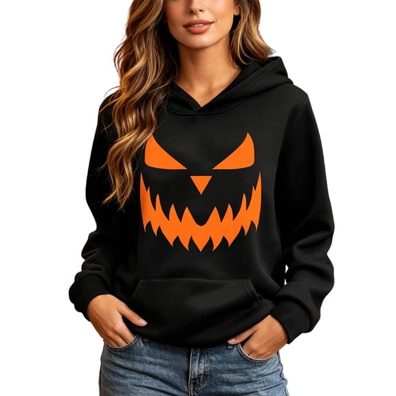 KHONTS Halloween Sweatshirts for Women Retro Pumpkin Classic Hoodies Fashion Cute Oversized Long Sleeve Fall Tops Black XS