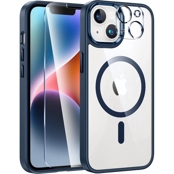 for iPhone 14 Phone Case: iPhone 13 Phone Clear Case Magnetic Military Grade Drop Protection Anti Yellowing Cell Phone Cover - Rugged Shockproof Protective Bumper(Clear-Blue)