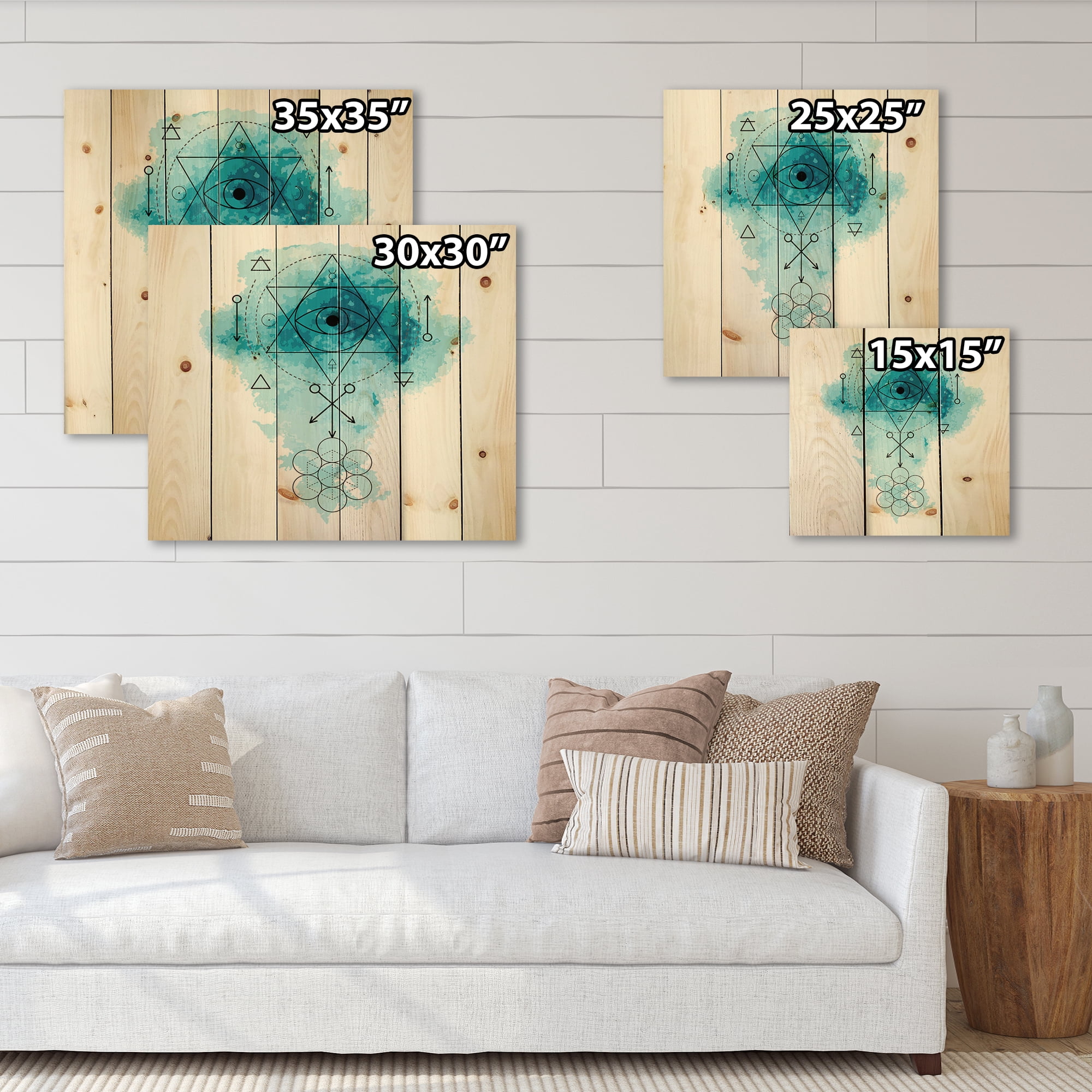 Designart 'Sacred Geometry and Symbol of Alchemy II' Bohemian & Eclectic Print on Natural Pine Wood