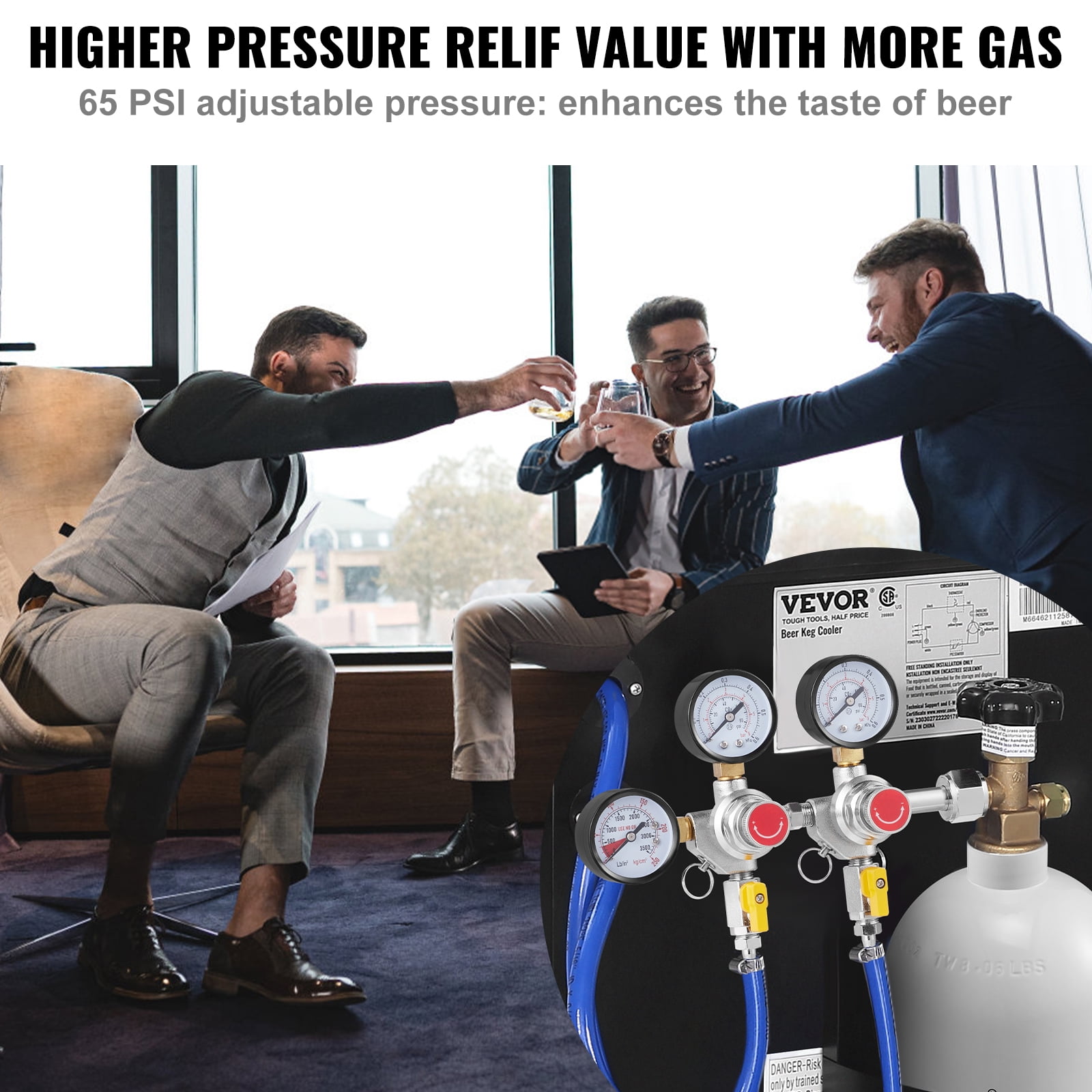 VEVOR Triple Gauge Regulator, CO2 Regulator Gauge with 0-60PSI, Heavy Duty CO2 Gauge Gas System, Draft Beer Regulator with Check Valve, Adjustable Pressure Regulator for Draft Beer Homebrew, CGA320