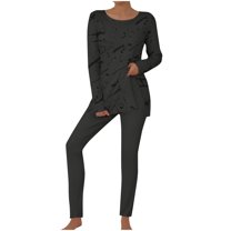 Kaemgyyd Women's Two Piece Outfit Plus Size Long Sleeve Crewneck Tops with Slit and Leggings Long Pants Casual Loose Set
