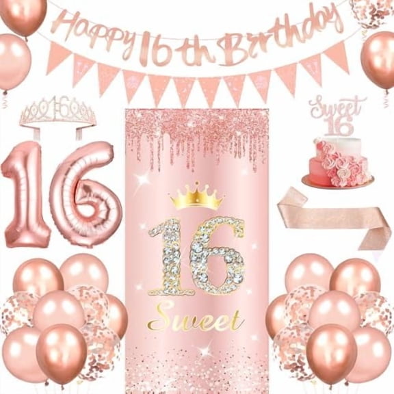 26pcs Pink Rose Gold 16th Birthday Decorations for Her Women,Happy Birthday Banner,Door Sign,Sash,Tiara,Balloons,Triangle Banner,Cake Topper (Pink Rose Gold 16th)$$Home Decor, Kitchen, & Other