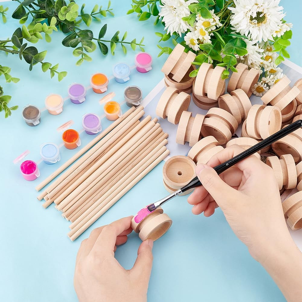 40Pcs 1.5x1 Inch Wooden Craft Wheels with 20Pcs 5.9 Inch Wooden Sticks Wood Vehicle Wheels Unfinshed Wooden Wheel Small Flat Round Wooden Wheels