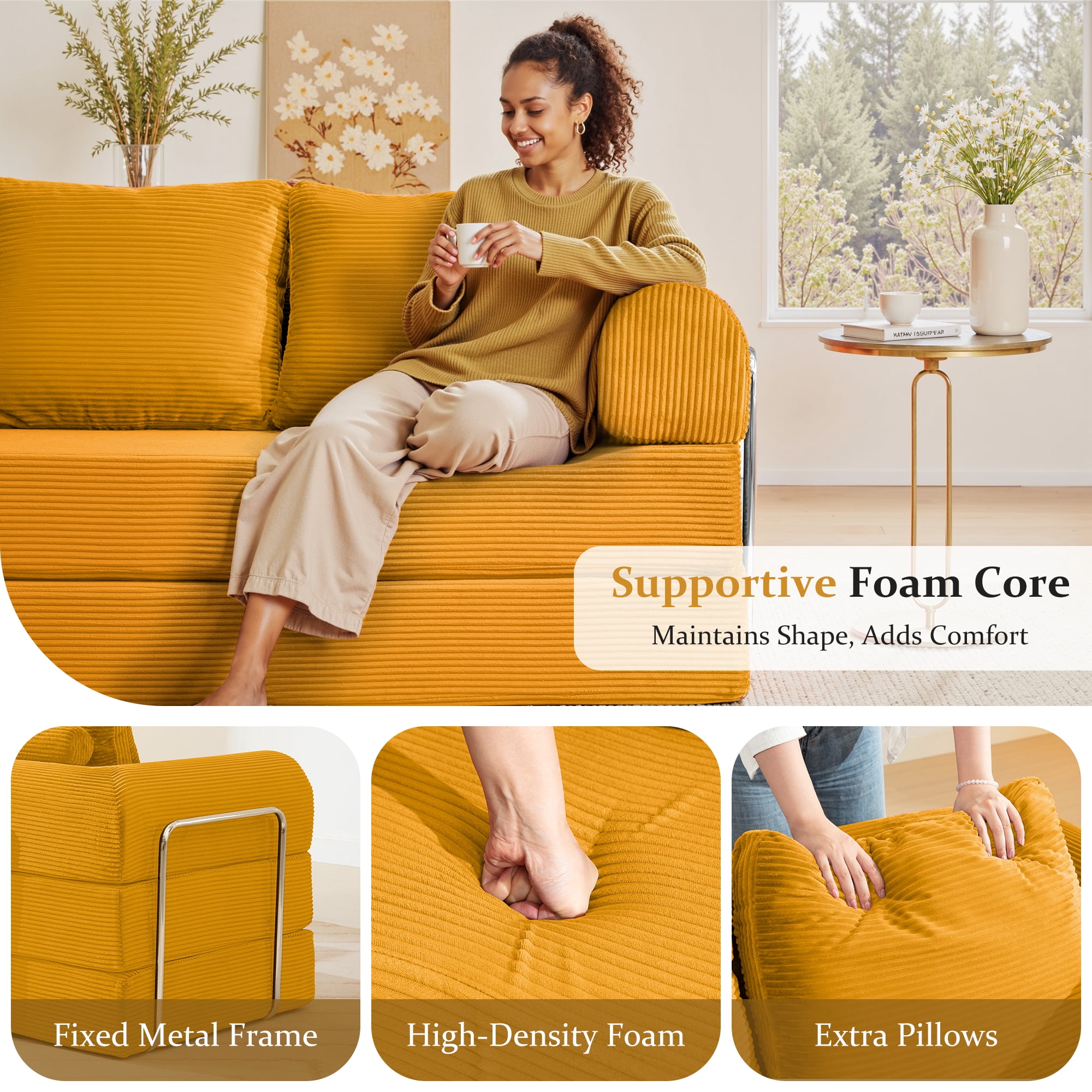 COOLHUT 78.7" W Convertible Sofa Bed, Foam Floor Sofa, Folding Sleeper Sofa Couch Bed with Six Frame, High Rebound Density Sofa, Corduroy Sofa Couch Bed for Living Room, Bedroom, Ginger