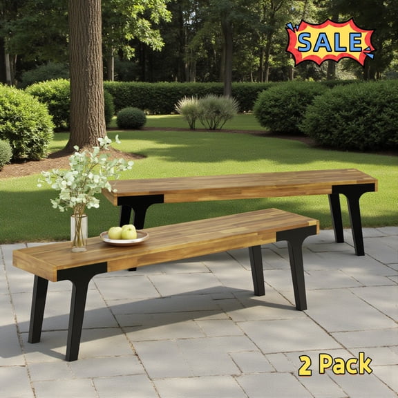 Tcbosik 2 Pack Solid Wood Benches, 63 Inch Outdoor Backless Bench for Garden, Porch, Patio, Lawn, Backyard, Teak