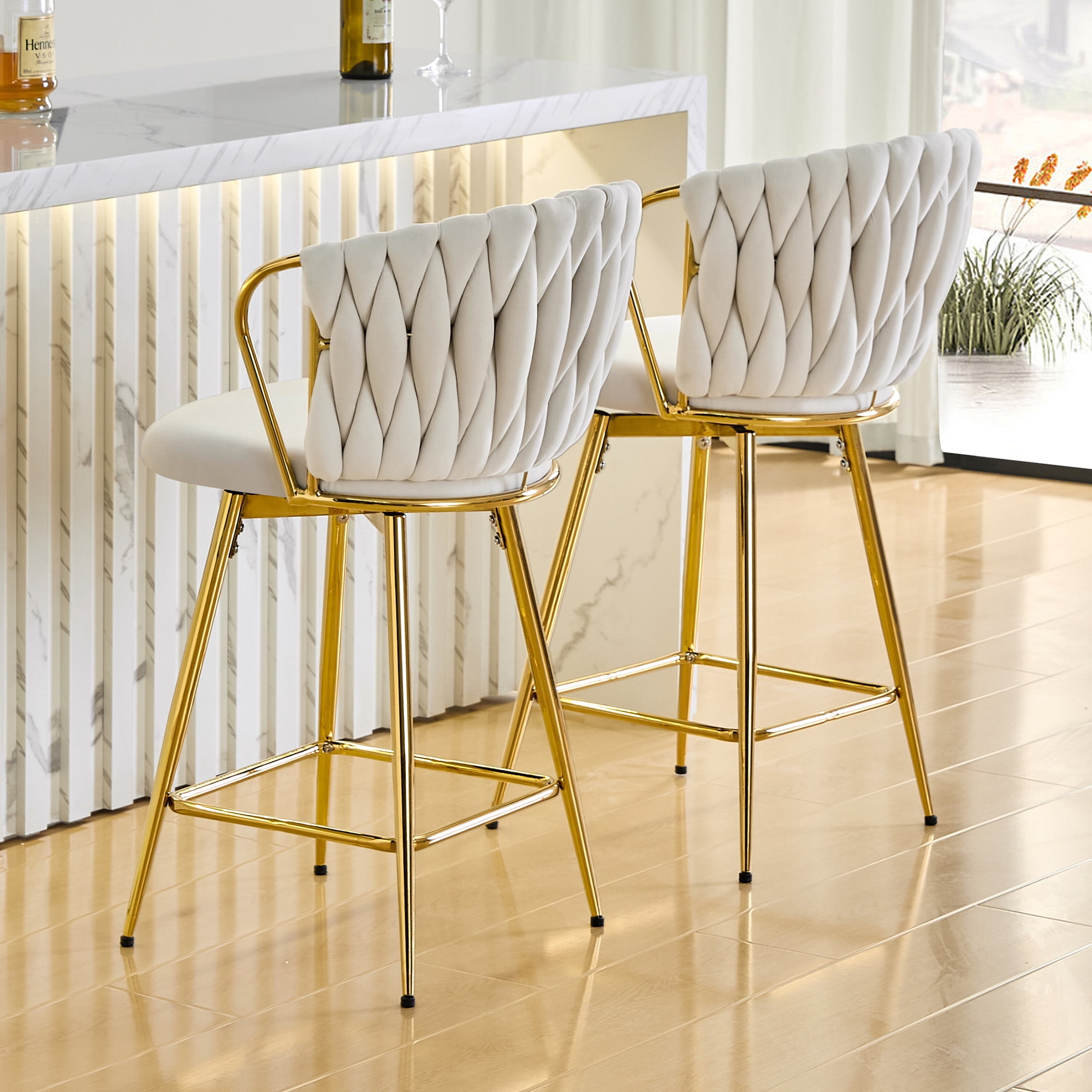 Alvantor Bar Stools Set of 2 Modern Velvet Braided Bar Stools Counter Stool Chairs for Kitchen Island Beige
