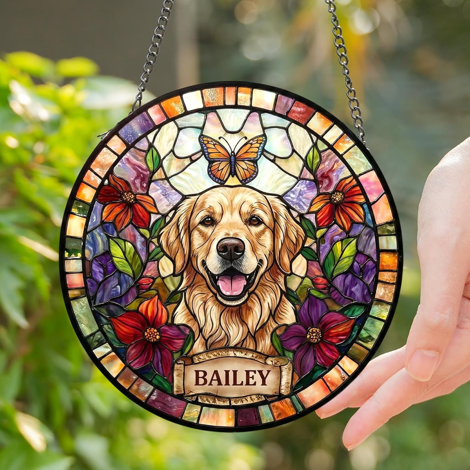 Personalized Dog Stained Glass Sun Catcher Memorial Pet Portrait Hanging Custom Picture Gift for Pet Lovers Sympathy Decor