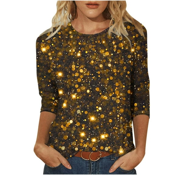 Nfurl Women's Party Wear Sequin T Shirts Sparkling 3/4 Sleeve Crew Neck Glitter Pullover Top Trendy Evening Cocktail Club Ladies Clothes Yellow XL