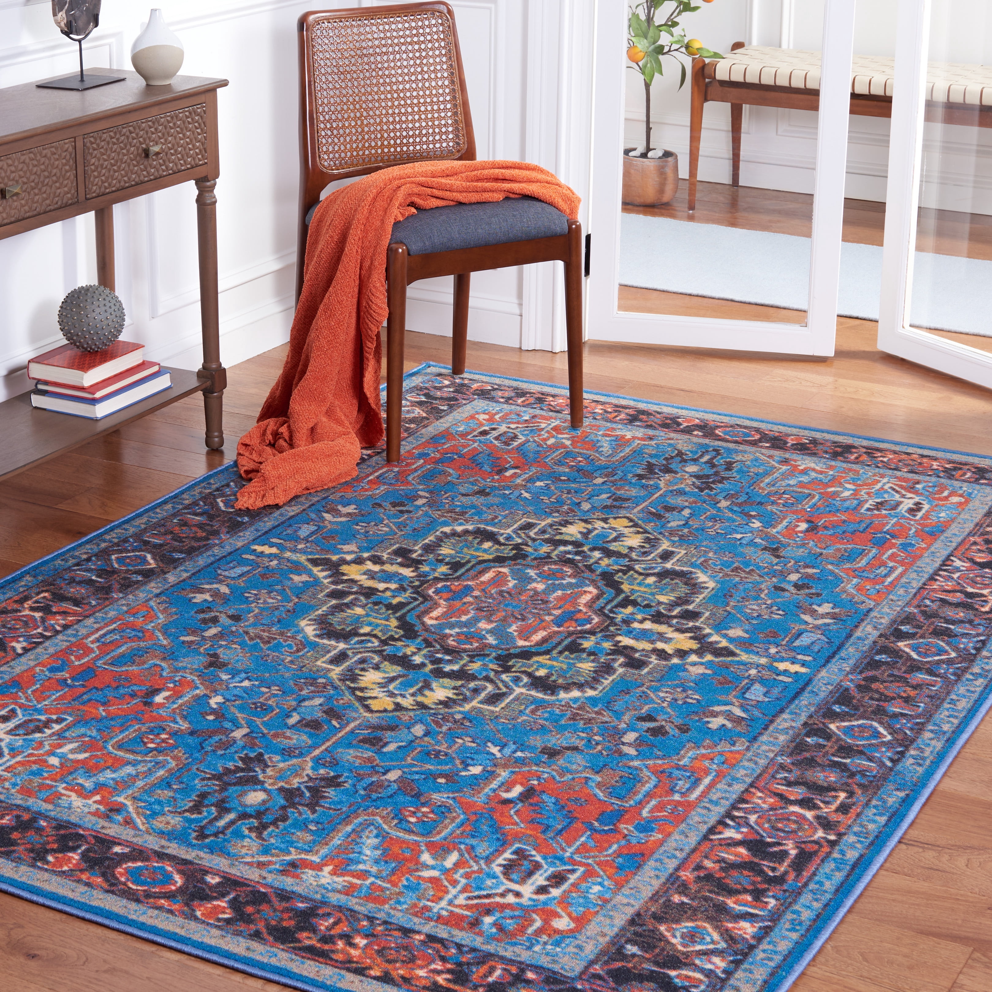 SAFAVIEH Journey Casey Oriental Machine Washable Area Rug, Blue/Red, 5'5" x 7'7"