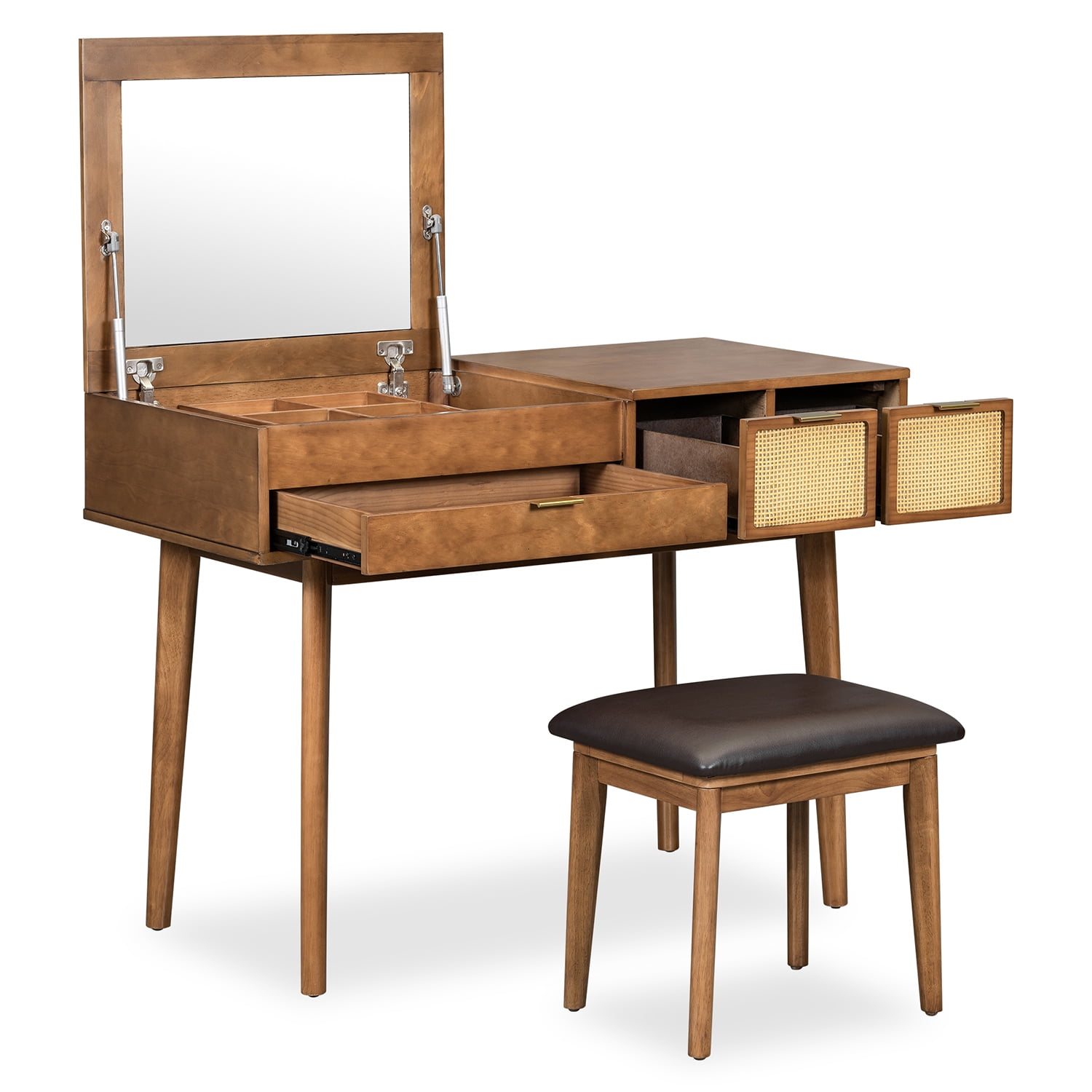 Kadyn 43.3" Classic Wood Makeup Vanity Set with Flip-top Mirror and Stool, Dressing Table with 3 Drawers, Brown Kadyn 43.3" Classic Wood Makeup Vanity Set with Flip-top Mirror and Stool, Dressing Table with 3 Drawers, Brown