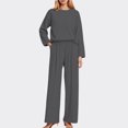 thumbnail image 2 of Womens Ribbed Knit Sets 2 Piece V Neck Long Sleeve Tops Elastic Wasit Wide Leg Pants Solid Color Lounge Sets Lightweight Loungewear Sets, 2 of 4