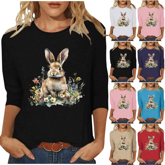 Hueook Women's Tops Ladies' Easter Print Round Neck Three Quarter Sleeve 3/4 Sleeve T-shirt Loose White 2X