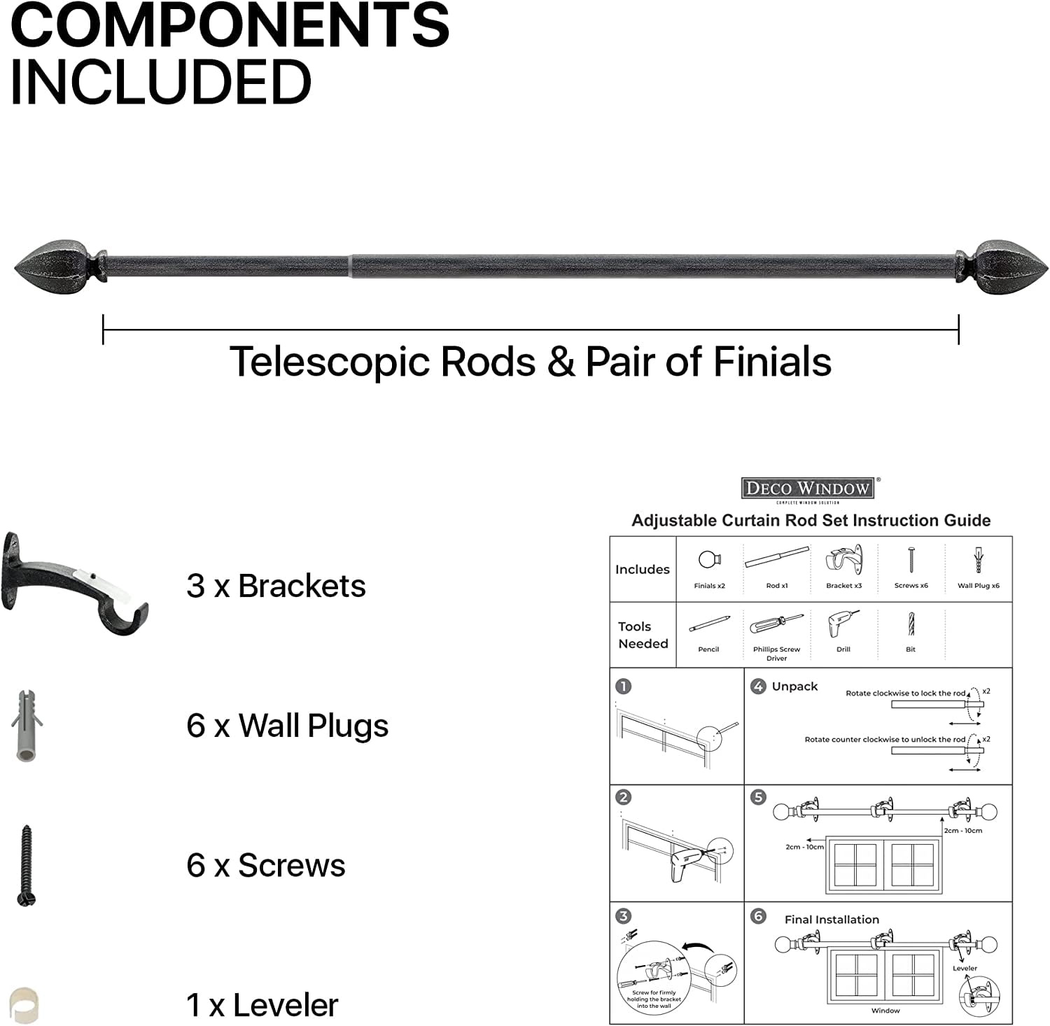 Deco Window 52 to 144 inches Extendable Curtain Rod for Windows with Hexagon Cast Finials (3/4" Dia, Rustic Black)