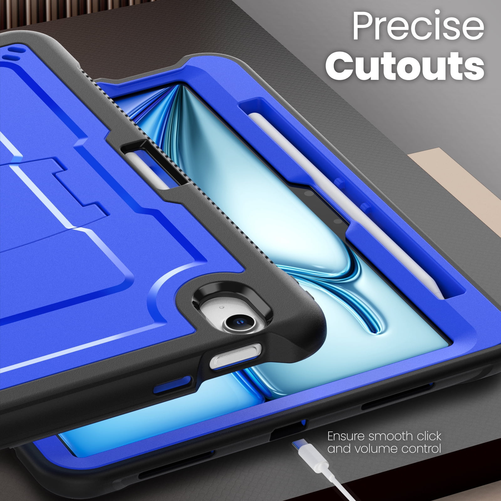 ELEHOLD Rugged Case with Pencil Holder For iPad Air 11-inch M3 (2025) / M2 (2024), Built-in Kickstand Double-Layer Protection Full-Body Shockproof Cover For Apple iPad Air 11 (2025/2024),Blue