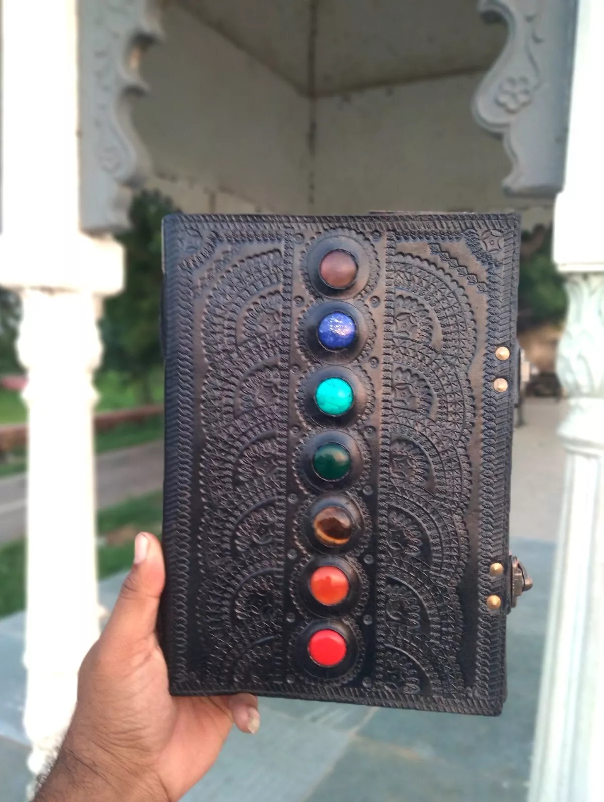 Handcrafted Embossed Vintage Design Leather Bound Journal Diary Pentagram 5 Stone Grimoire Spell Blank Notebook For Men & Women