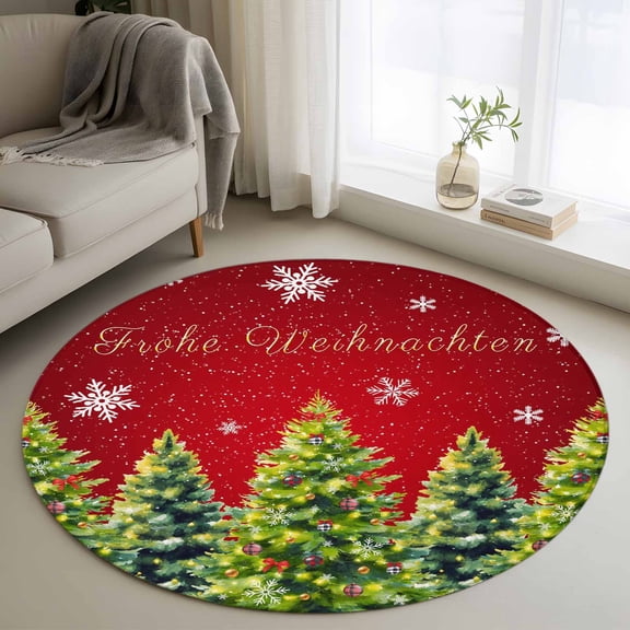 Round Rug 4Ft Washable Non-Slip, Red Christmas Circle Area Rugs for Living Room Bedroom, Green Xmas Tree Snowflake Winter Indoor Floor Mats Carpet Runner for Home Decor Aesthetic