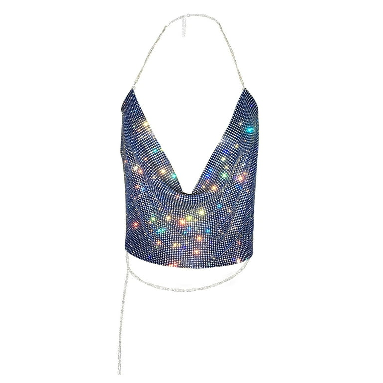 Women Shiny Rhinestone Halter Top Tank Top Sexy Halter Neck