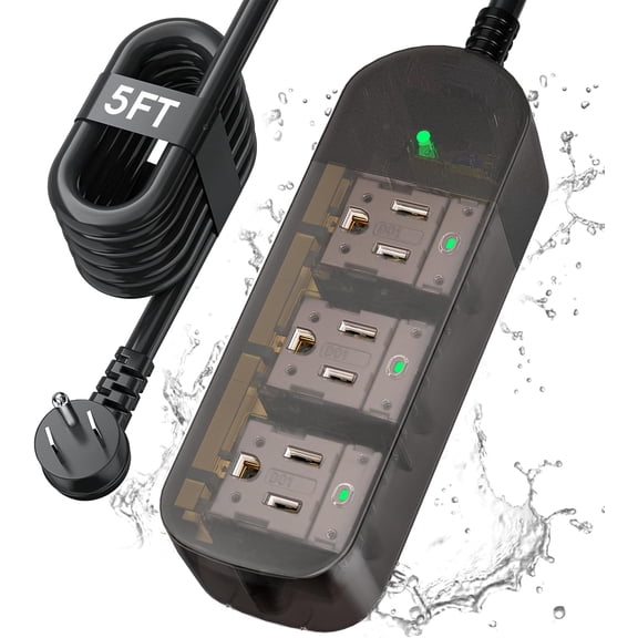 Outdoor Power Strip Weatherproof, Transparent IPX6 Waterproof Surge Protector with 3 Wide Outlets, 1625W/13A, 5FT Extension Cord, Wall Mountable for Indoor Outdoor, UL FCC Listed