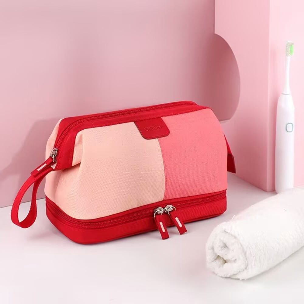 Waterproof Woman's Travel Toiletry Bag,Double Layer Makeup Cosmetic Organizer Pouch,Wet &Dry -Red