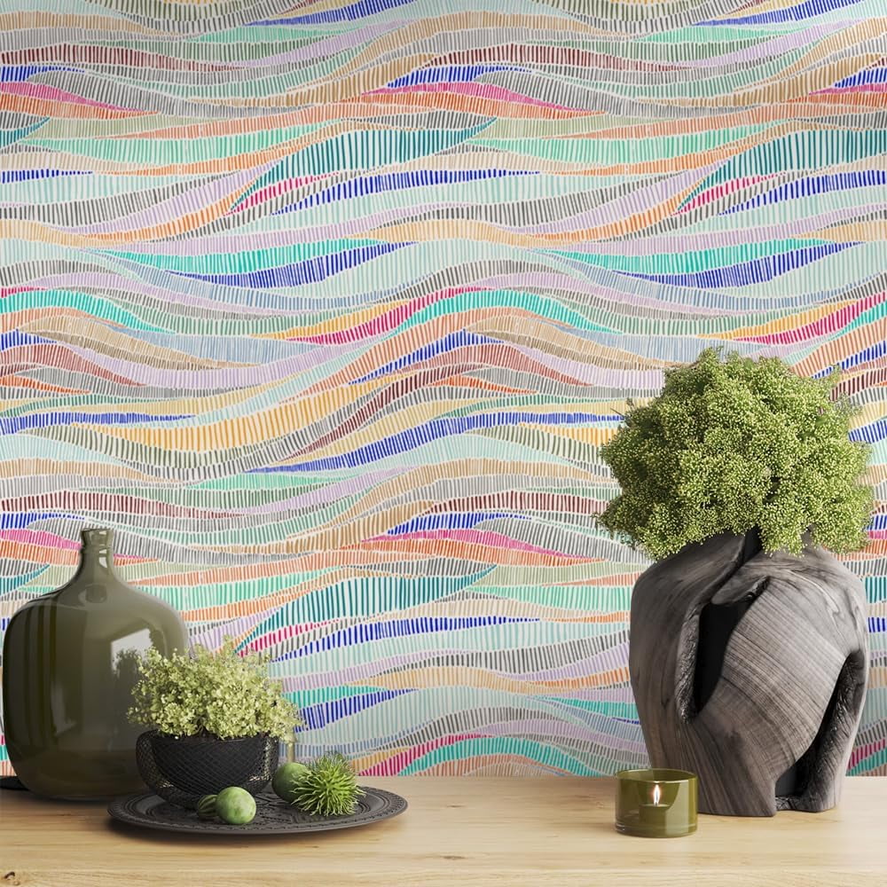 Colorful Geometrical Wave Mosaic Modern Peel and Stick Wallpaper Self Adhesive Removable Easy Peel Off Stick on Wall Paper for Bedroom Cabinet Renter Friendly