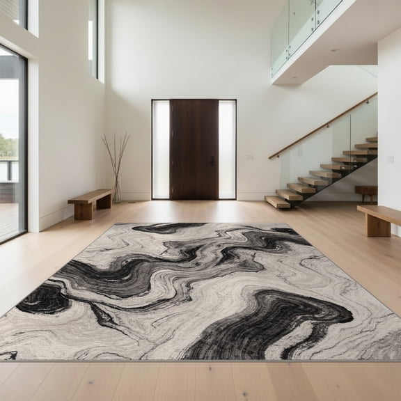 Design&I 8'x10' Washable Area Rug Sleek Flatweave Pet Friendly Floorcarpet Flowing Veined Painterly Minimalist Asymmetric Accessories for King Size Bedroom, Under Bed
