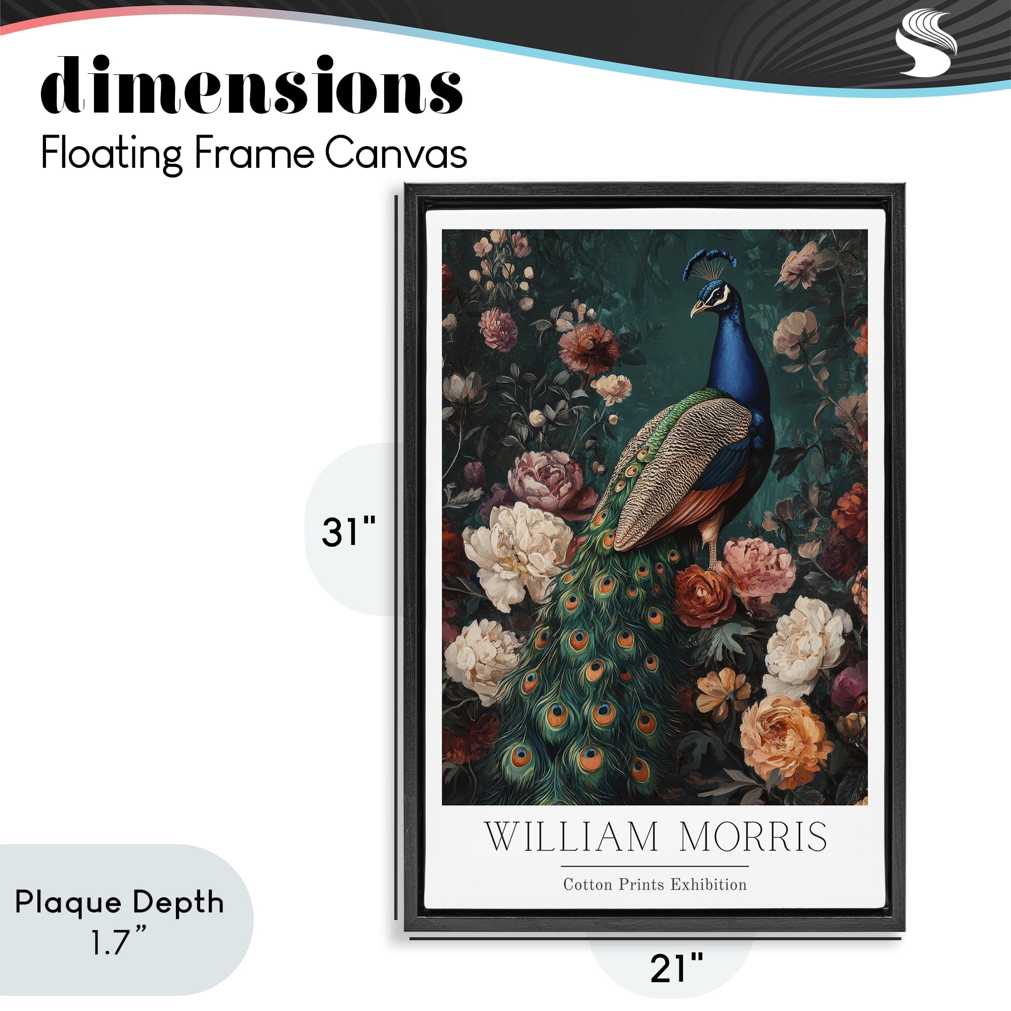 Stupell Industries Vintage Floral Peacock William Morris Black Framed Floater Canvas Wall Art, design by Petal Prints Design