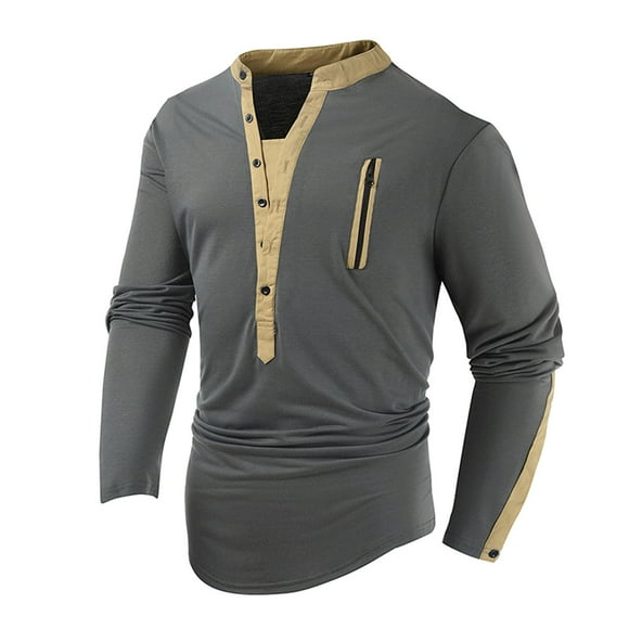 AherBiu Shirts for Men Long Sleeve Button down Mock Neck Shirt Tops with Zipper Pockets Fall Casual Slim Fitted Shirt
