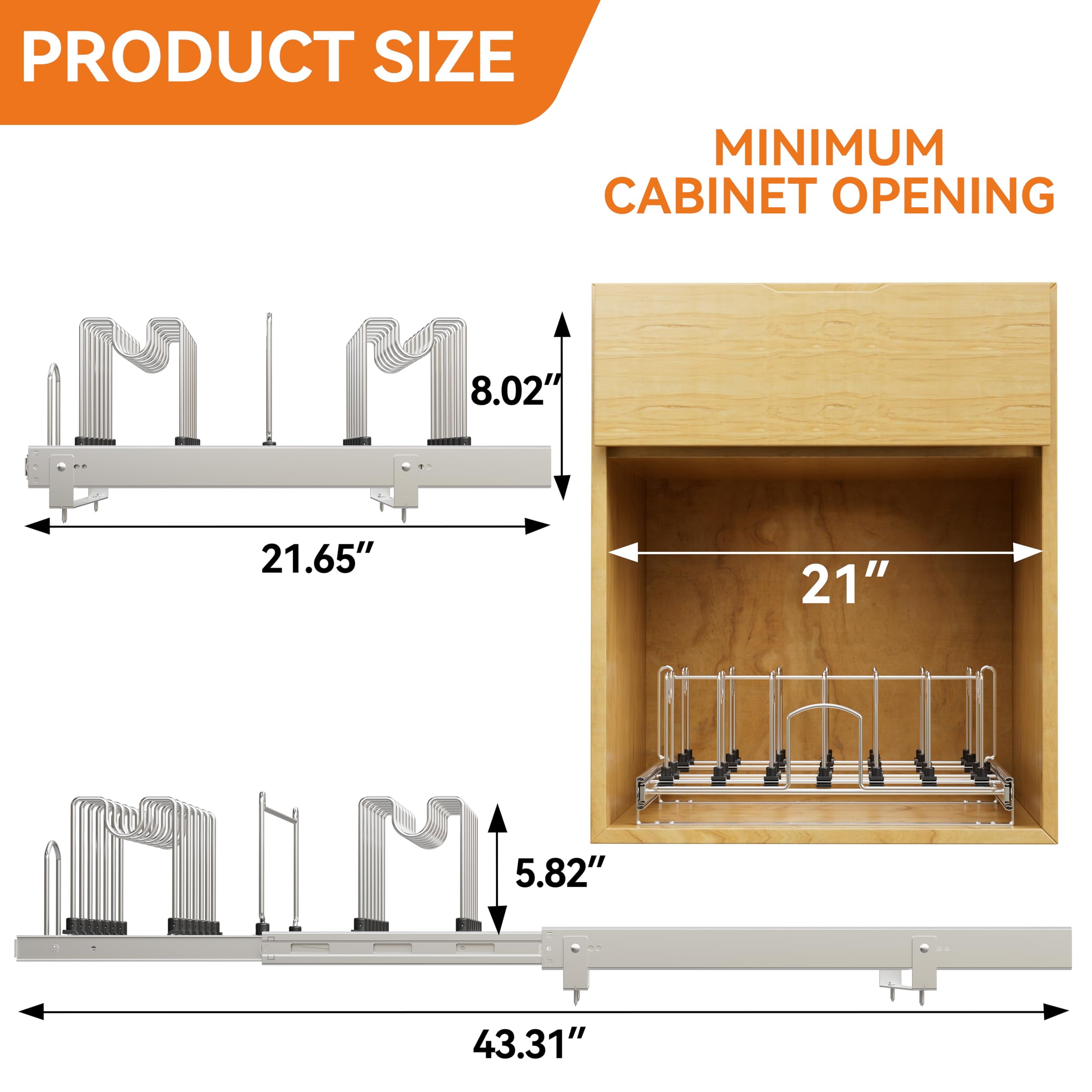 STORKING Adjustable Pull-Out Pots and Pans Organizer, 20"W x 22"D Full-Extension Rail, Chrome Plated with 15 Dividers for Under Cabinet