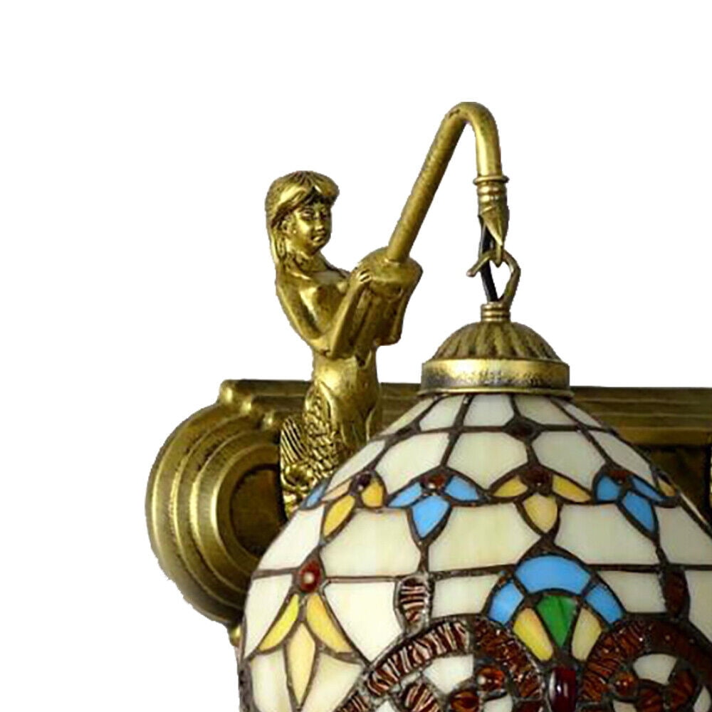 Miumaeov 2 Lights Tiffany Style Mermaid Wall Sconce Vanity Fixture Wall Lamp Stained Glass Wall Mounted Lighting Fixture