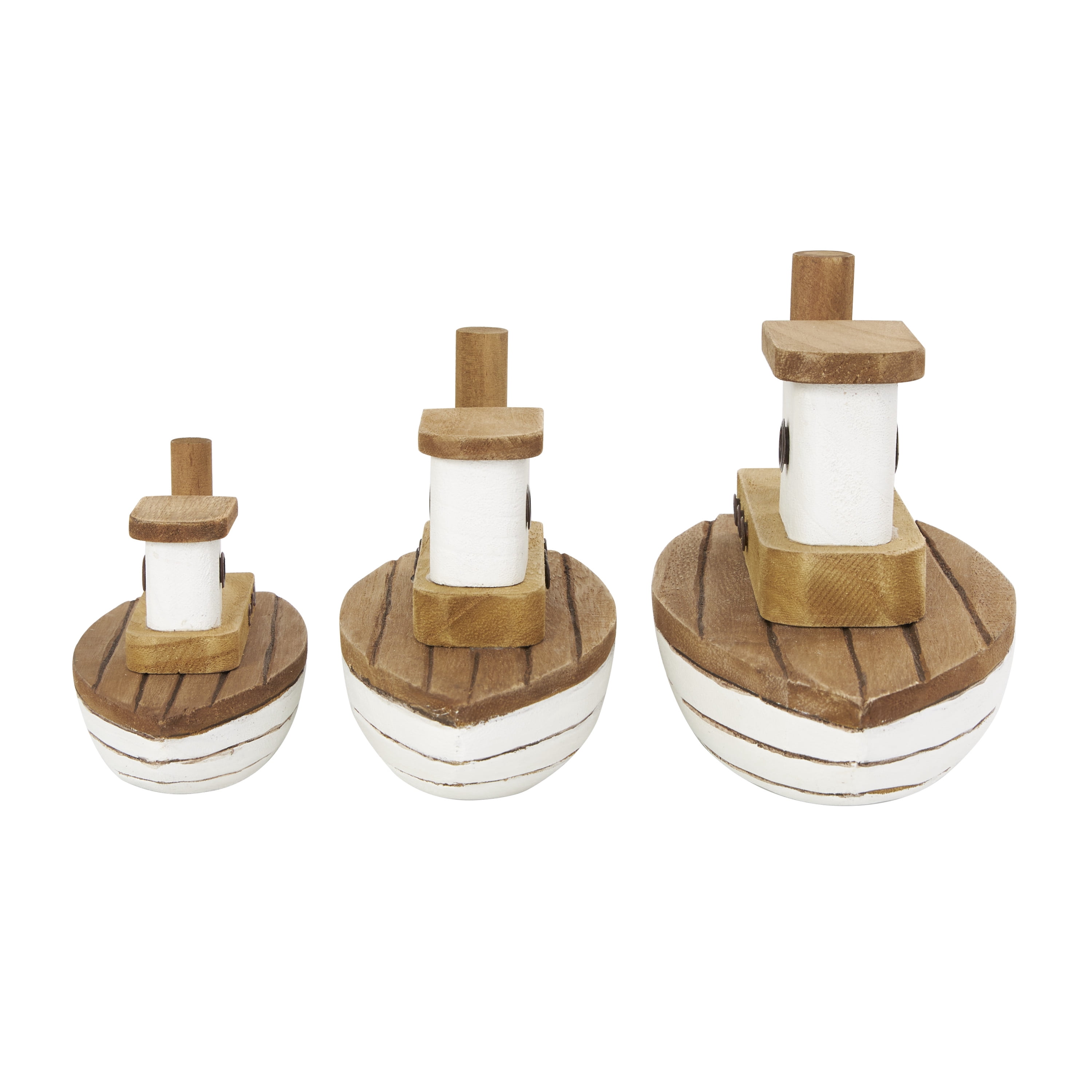 6", 5", 4"H Brown Wood Handmade Boat Sculpture with White Accents, by DecMode (3 Count)