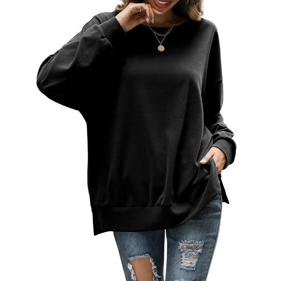 Fancyglim Crewneck Sweatshirt Women Tunic Shirt Oversized Drop Shoulder Tops, Black XL