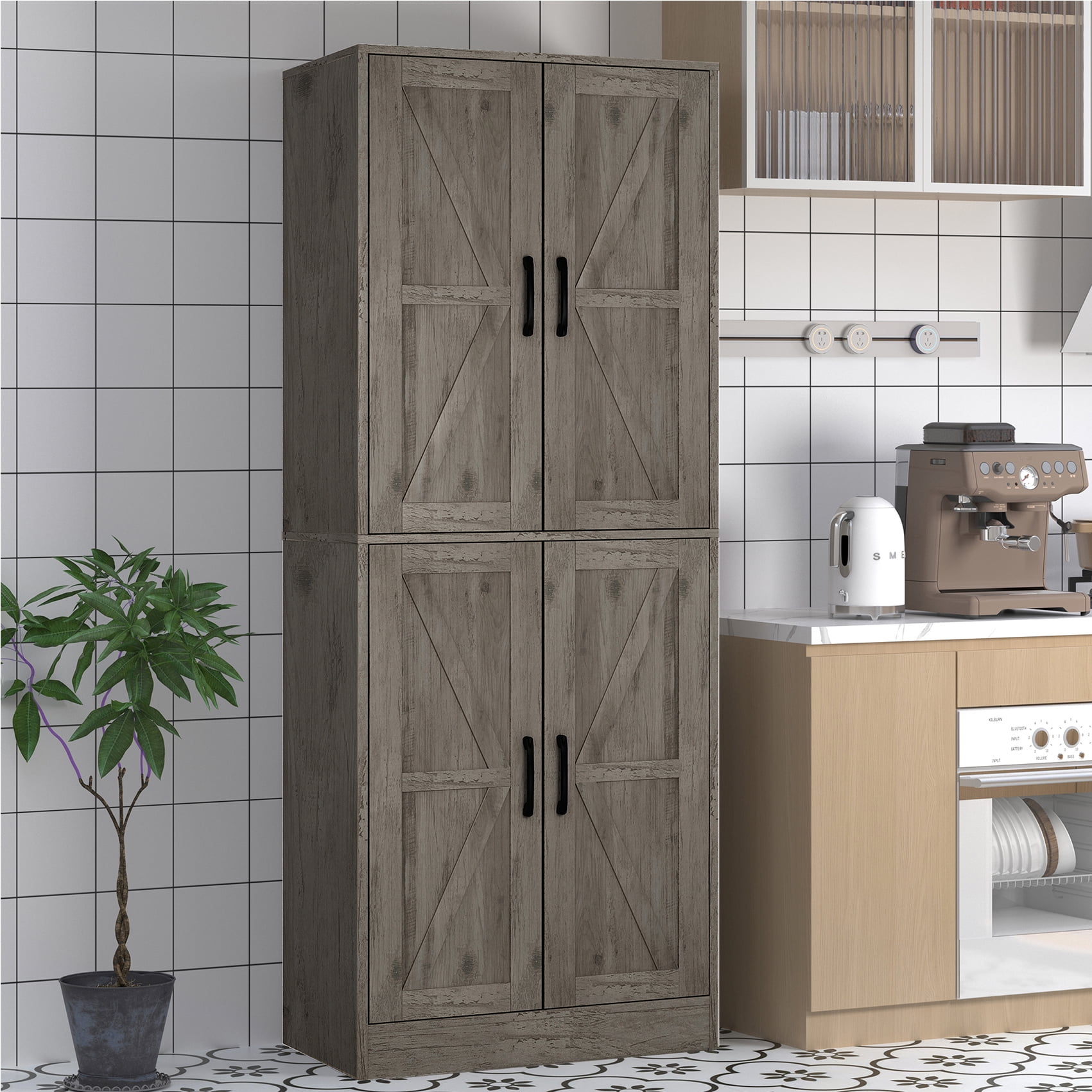 BOCVKENN Kitchen Pantry Cabinet, 67.7" Tall Wood Storage Cabinet with 4 Doors and Shelves Freestanding Cupboard for Dining Room Living Room Bathroom,Natural