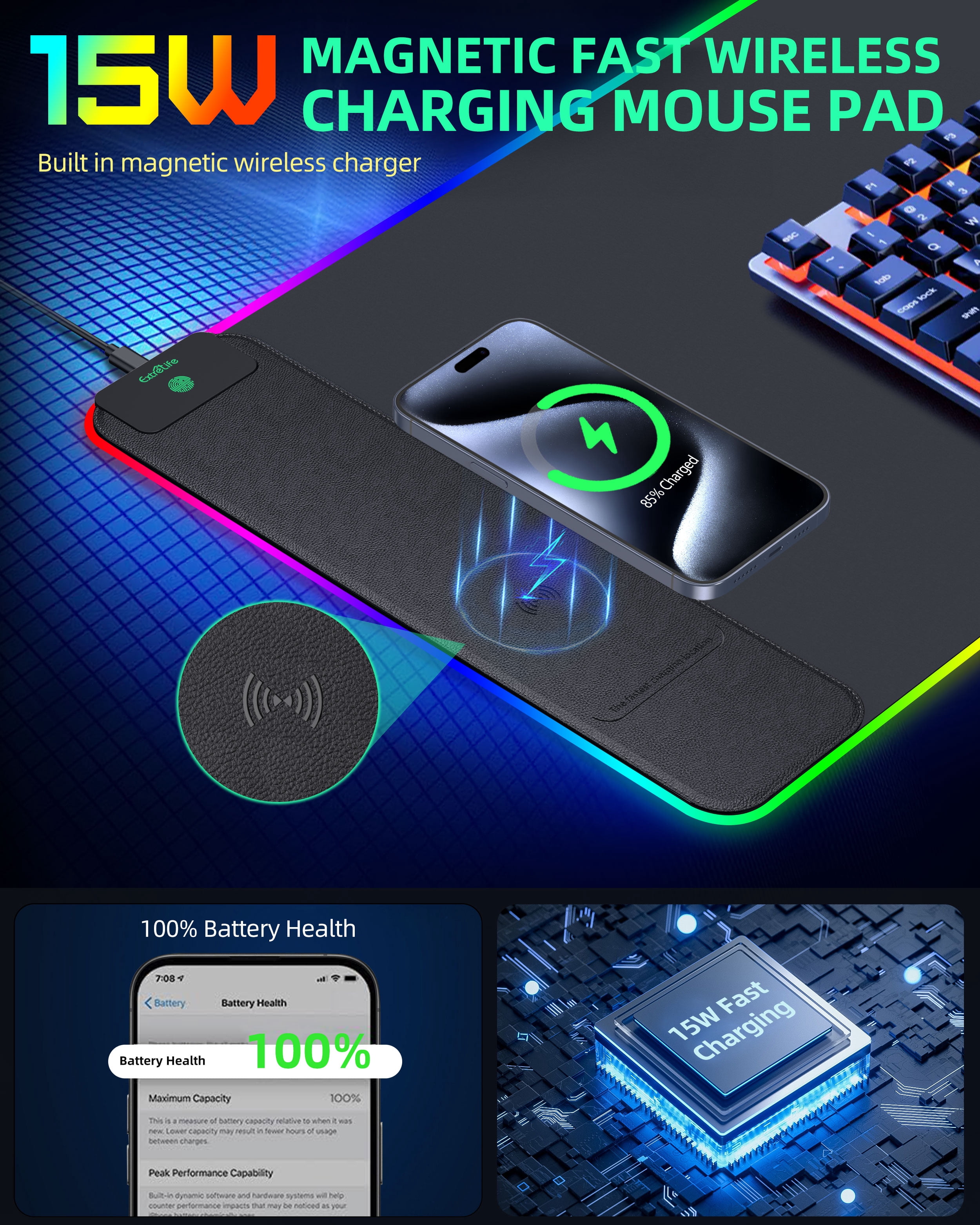 Extrelife RGB Gaming Mouse Pad with Wireless Charger, 11 Lights Modes, LED Mouse Mat 15W Fast Charging for Home, Office, School