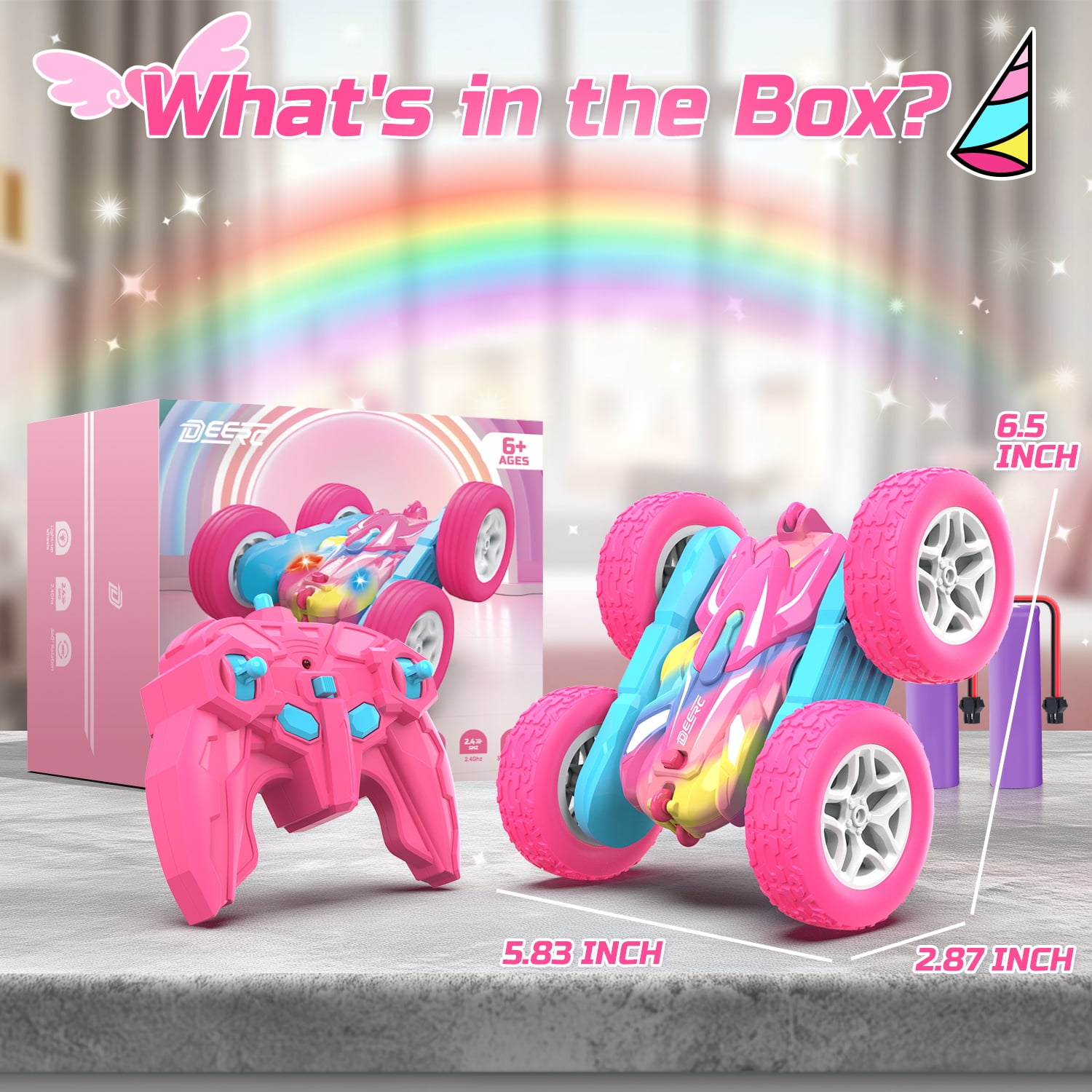 DEERC Rainbow Edition Remote Control Car for Girls, 2.4GHz Double Sided RC Car with 360° Rotation, LED Headlights, All Terrain Off-Road Stunt RC Truck, Birthday Gifts for Girls Aged 6-8