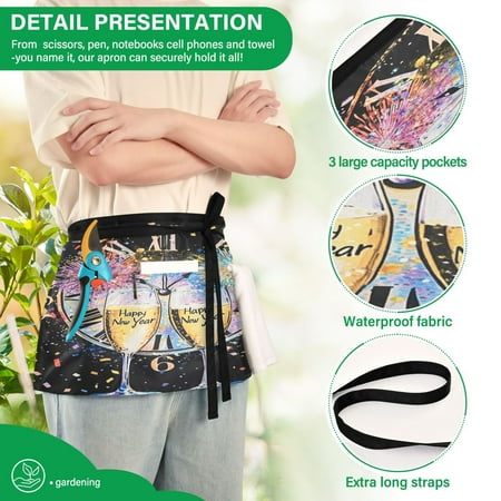 

YAZAOO Aprons with Pockets for Server Aprons with 3 Pockets Water Resistant Half Waist Apron New Year Celebration Clock Fireworks