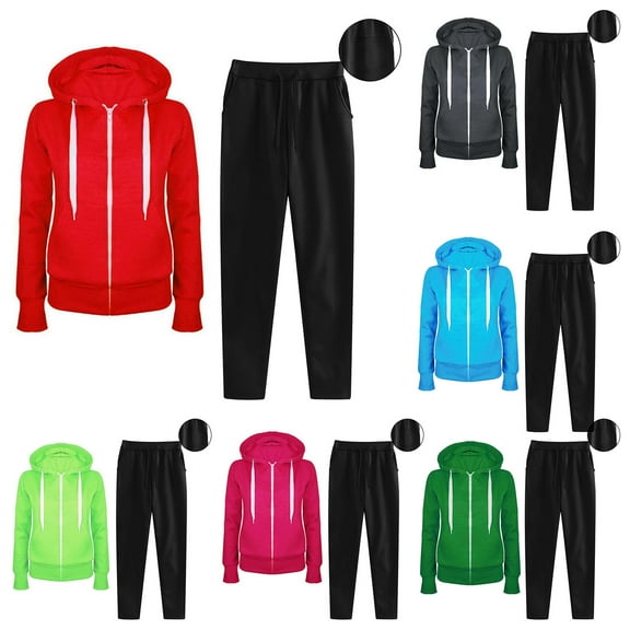 Sweatsuits Women 2 Piece Outfit Hooded Solid Color Long Sleeve Sweatshirt Elastic Waist Jogger Casual Outdoor Sport Suit Hooded Set with Pockets