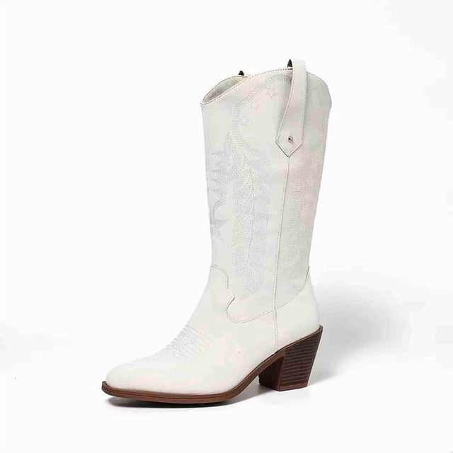 Women's Western Cowboy Boots with Embroidered Design, Mid-Calf Knee-High Boots, Pointed Toe & Chunky Heel, Vintage Style Riding Boots
