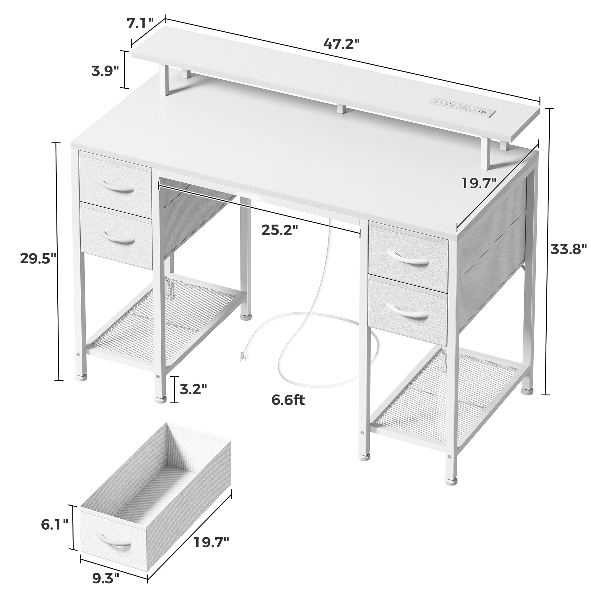 Amadwell 47" Gaming Computer Desk with LED Lights, Power Outlets, Home Office Writing Desk with 4 Drawers, White