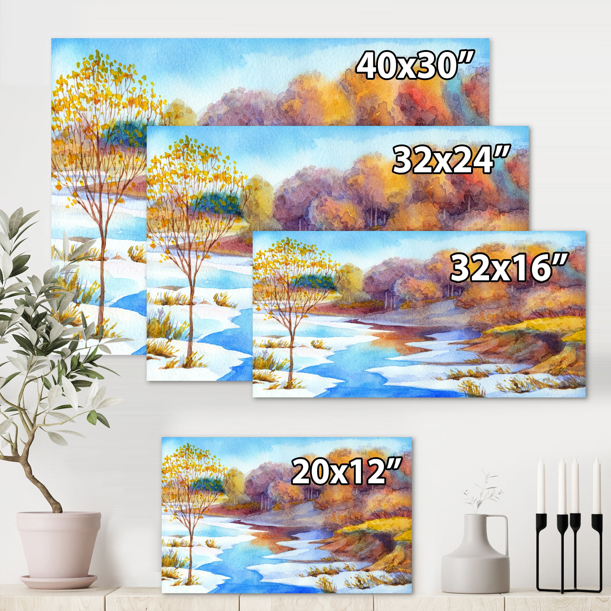 Designart ' Stream Though The Winter Forest Valley ' Lake House Canvas Wall Art Print
