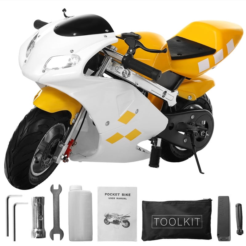 Seipouy 49cc 2-Stroke Pocket Rocket Motorcycle, Gas Pocket Motorbike with Front Rear Disc Brakes, Realistic Racing Max Speed 20MPH, Mini Bike Max Weight 170 LB, Dual Headlights, Kids Gift