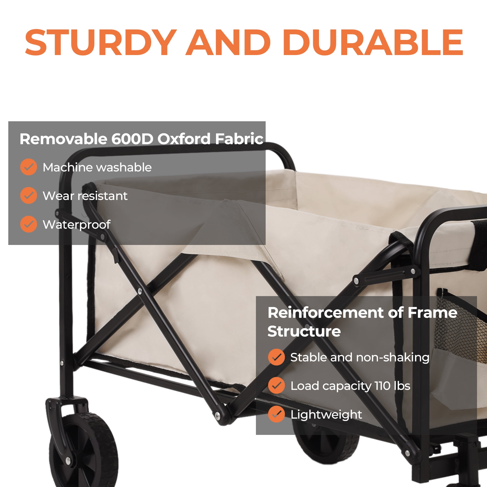 Folding Utility Wagon, Collapsible Outdoor Wagon Cart for Camping, Gardening, Picnic, Beach, Beige