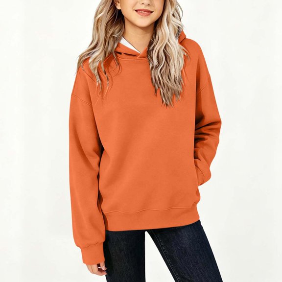 Domzest Boys & Girls Plain Hoodies Casual Long Sleeve Loose Fit Hooded Sweatshirt 2026 Trendy Basic Pullover Sweatshirts Orange 130 Age:7-8Y