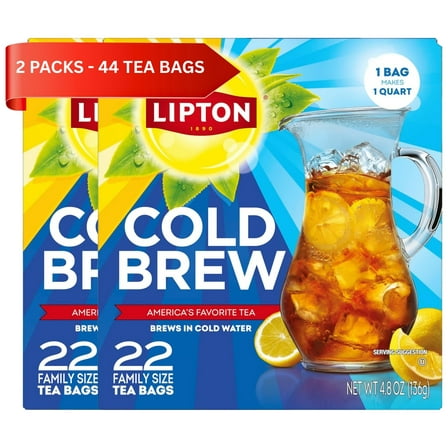 Lipton Cold Brew Iced Black Tea, 22 Family Size Tea Bags (Pack of 2), No Boiling Needed, Unsweetened, 44 Total Bags, Zero Calories, Refreshing Summer Tea