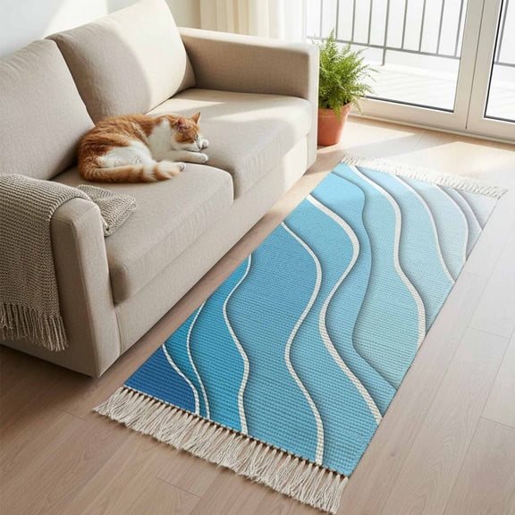 Blue Aqua Ombre Hallway Runner Rug 2'x6', Modern Geometric Abstract Aesthetic Cream Washable Entryway Rug with Tassels, Woven Cotton Laundry Room Rugs Long Carpet for Bathroom Sink Foyer Bedroom