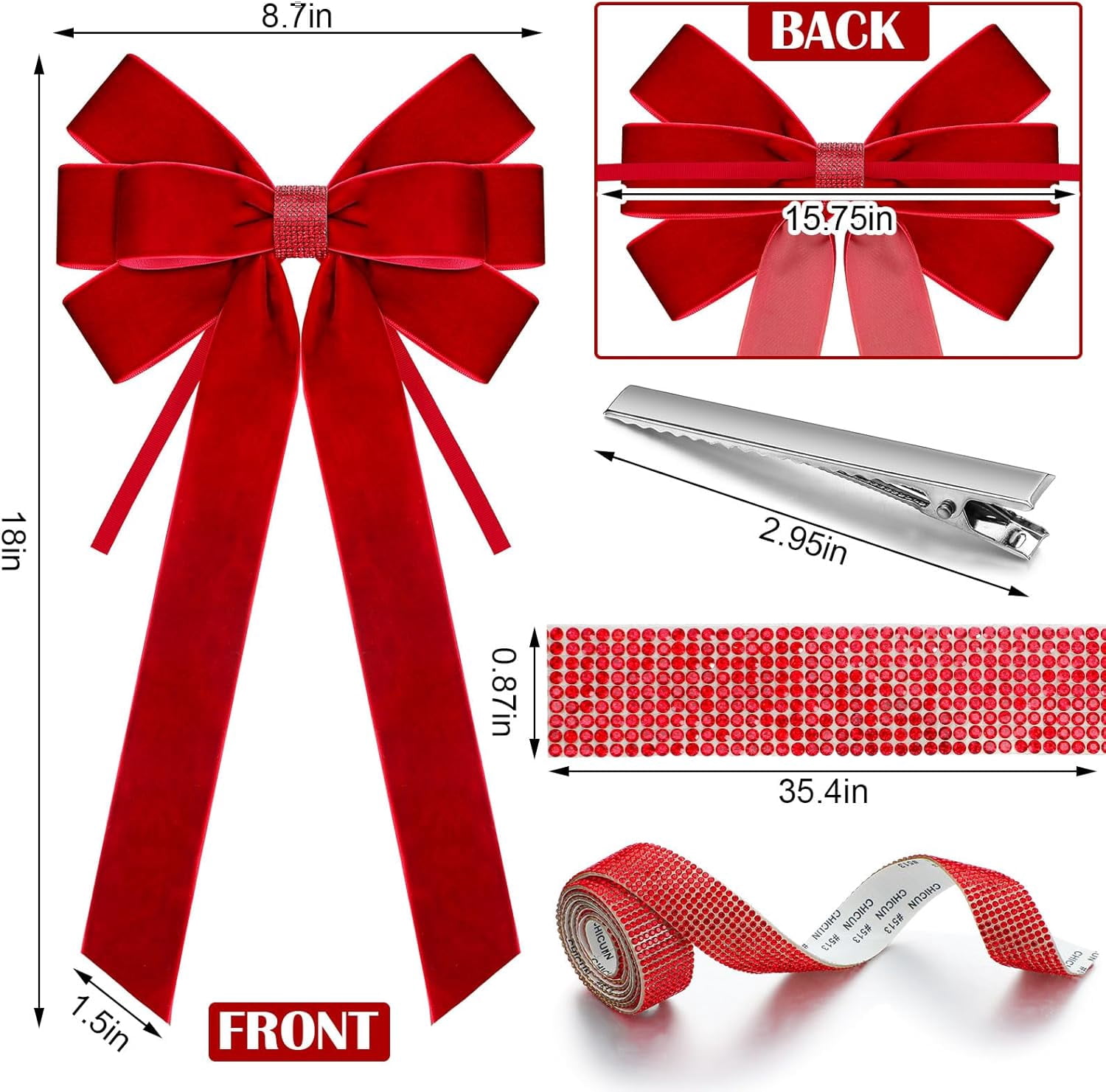 Dalrosia 6PCS Velvet Bows for Christmas Tree Large Velvet Christmas Wreath Bows with Clip Rhinestone Ribbon,Xmas Tree Topper Ornament for Home Indoor Outdoor Decoration